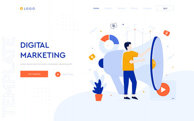 Wall Mural - digital marketing concept website template. the man is engaged in marketing and promotion through ad