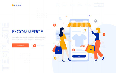 Wall Mural - e-commerce concept website template. girls shopping in an online store using a smartphone. digital b