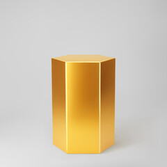 Gold 3d hexagon podium with perspective isolated on grey background. Product podium mockup in hexagon shape, pillar, empty museum stage or pedestal. 3d basic geometric shape vector illustration
