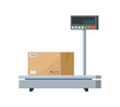 Electronic weight scale for cargo. Industrial scale for parcel box. Balance machine for weigh of box. Weight platform equipment for package with goods, shipping, warehouse. Service of measure. Vector