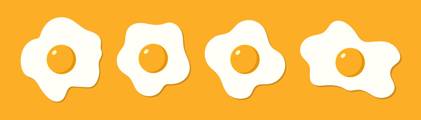 Fried egg. Cook chicken egg. Fried yolk with protein for breakfast. Cartoon icon for healthy food. Omelette on orange background. Logo for cooking, recipe, health nutrition. Delicious lunch. Vector