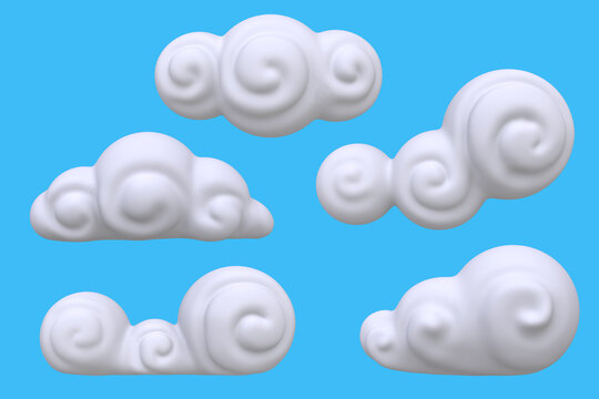 Set stylized funny cartoon white clouds isolated on blue background. Colorful stylised concept. Children clay, plastic or soft toy. 3d illustration.