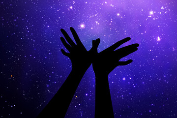 Canvas Print - heart shaped hands. hand gesture silhouette. starry sky and milky way