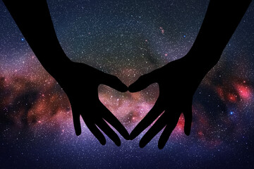 Canvas Print - heart shaped hands. hand gesture silhouette. starry sky and milky way