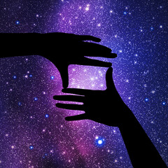 Canvas Print - framing hands. hand gesture silhouette. night starry sky and milky way