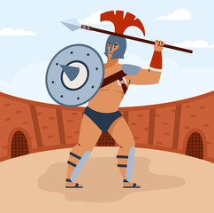 vector illustration isolateGreek or Roman gladiator on Coliseum arena, cartoon flat vector illustration. d on white background.