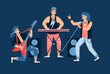 Characters of rock band musicians perform on stage, cartoon vector illustration.
