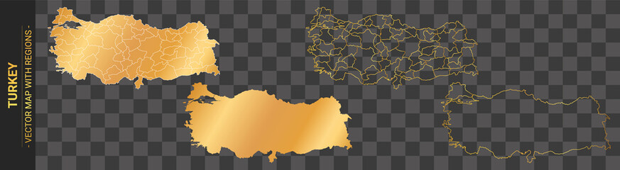 set of 4 gold political maps of Turkey with regions isolated on transparent background	
