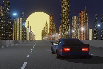 Retro-futuristic 80s style drive with night city background. Moving car on a highway road.  3D illustration. 