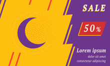Sale Promotion Banner With Place For Your Text. On The Left Is The Moon Symbol. Promotional Text With Discount Percentage On The Right Side. Vector Illustration On Yellow Background
