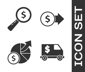 Wall Mural - Set Armored truck, Magnifying glass and dollar, Money and diagram graph and Coin money with dollar symbol icon. Vector