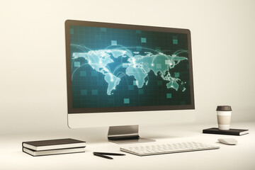 Aufkleber - Computer monitor with abstract graphic digital world map with connections, globalization concept. 3D Rendering
