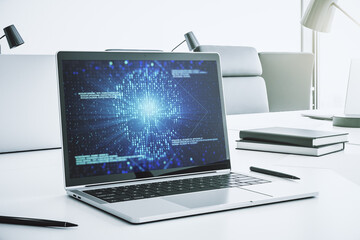 Poster - Creative code skull hologram on modern computer monitor, cybercrime and hacking concept. 3D Rendering