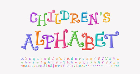 Leinwandbilder - Multicolored funny curly alphabet. Cartoon font rainbow bright colors, uppercase and lowercase letters, numbers, marks. Vector font set