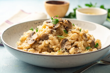 Wall Mural - Risotto with mushrooms, parmesan cheese and parsley in plate on concrete background
