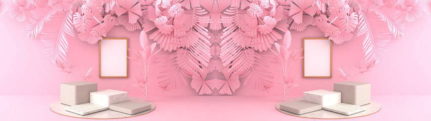 Wall Mural - 3d rendering of square marble podium, gold frame white background picture frame. the pink leaves and