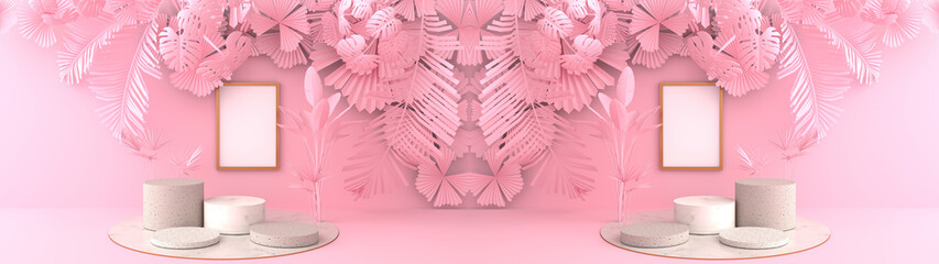 Wall Mural - 3d rendering of smartphones white screen resting on a round marble podium. the pink leaves and pink 
