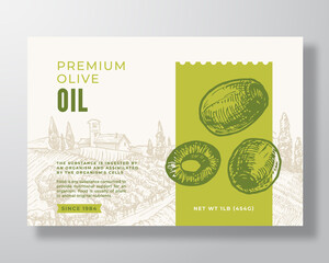 Wall Mural - Olive Oil Label Template. Abstract Vector Packaging Design Layout. Modern Typography Banner with Hand Drawn Green Olives and Rural Landscape Background. Isolated