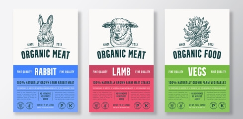Wall Mural - Organic Meat and Vegetables Vector Packaging Design or Label Templates Set. Farm Grown Products Banner. Hand Drawn Herbs, Sheep and Rabbit Head Sketches Backgrounds Layout Collection