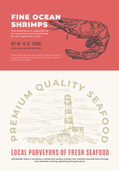 Wall Mural - Fine Ocean Seafood. Abstract Vector Packaging Design or Label. Modern Typography and Hand Drawn Shrimp Sketch Silhouette with Sea Lighthouse Background Layout