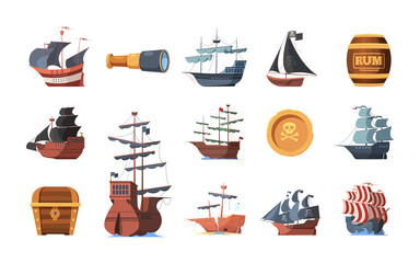 Wall Mural - Pirate symbols. Old ships of looters and invaders parrot spyglass hook prey garish vector boats of pirates