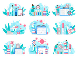 Canvas Print - Covid prevention. Characters making injection healthcare stylized illustrations collection liquid drugs and antibiotics in syringe recent vector set