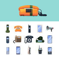 Poster - Telephones. Old smartphones mobile gadgets internet technologies operator connection garish vector illustrations set