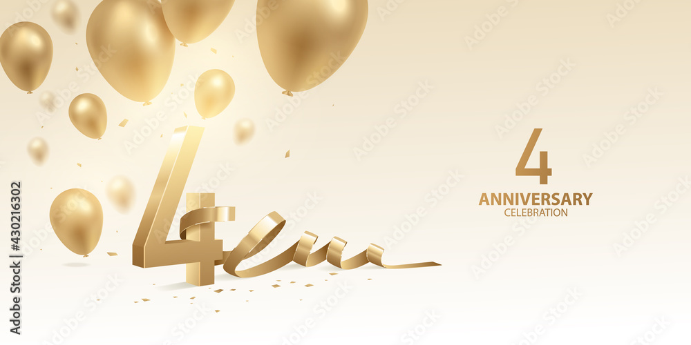 4th Anniversary celebration background. 3D Golden numbers with bent ribbon, confetti and balloons. - obrazy, fototapety, plakaty 