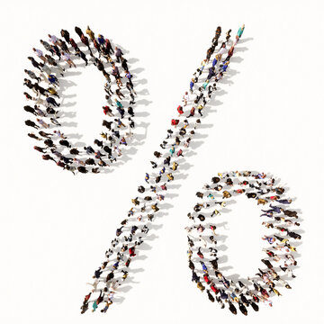 Concept or conceptual large community of people forming the %  font. 3d illustration metaphor for unity and diversity, humanitarian, teamwork, cooperation, education, friendship and community