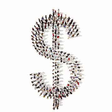 Concept or conceptual large community of people forming the $ font. 3d illustration metaphor for unity and diversity, humanitarian, teamwork, cooperation, education, friendship and community