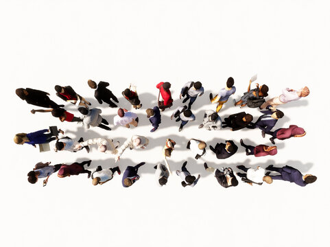 Concept or conceptual large community of people forming the ? font. 3d illustration metaphor for unity and diversity, humanitarian, teamwork, cooperation, education, friendship and community