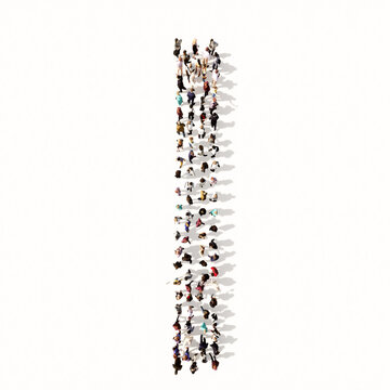 Concept or conceptual large community of people forming the font I. 3d illustration metaphor for unity and diversity, humanitarian, teamwork, cooperation, education, friendship and community