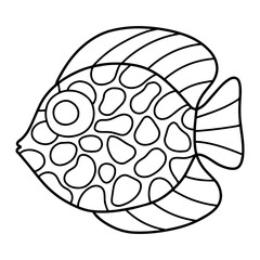 Wall Mural - Tropical Discus fish coloring page for children stock vector illustration. Exotic aquarium fish black outline isolated on white decorative illustration. Hand-drawn linear cartoon spotted fish