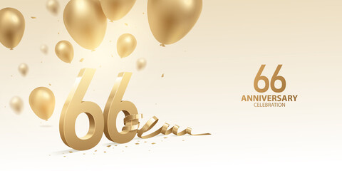 Wall Mural - 66th Anniversary celebration background. 3D Golden numbers with bent ribbon, confetti and balloons.
