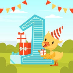 Canvas Print - First Birthday Party Banner with Cute Yellow Duckling Holding Gift Box Vector Illustration