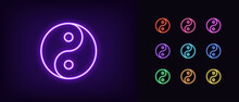 Neon Yin Yang Icon. Glowing Neon Balance Sign, Outline Yin Yang Tao Pictogram