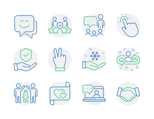 People icons set. Included icon as Smile face, Touchpoint, Friends chat signs. Freezing, People chatting, Victory hand symbols. Partnership, Insurance hand, Love letter. Security agency. Vector