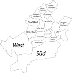  Simple blank white vector map with black borders and names of districts of Frankfurt am Main, Germany