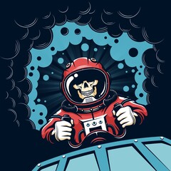 Wall Mural - space poster with skull astronaut in vintage style. skeleton pilot at the helm against backdrop with