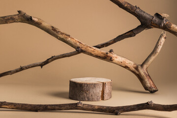 Sticker - Wood in cylinder shape podium and dry twigs. Mockup.
