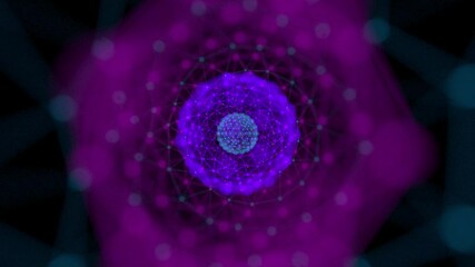 Poster - Geometric patterns of neon rays create a beautiful abstract composition of rotating spheres. Depth of field. Seamless loop.