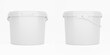 White 3,5l plastic paint can / bucket / container with handle and no label, isolated on white background.