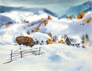 Wall Mural - Hand drawn watercolor landscape with mountains and house illustration