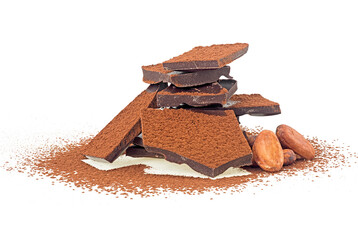 Dark chocolate bars, cacao beans and cacao powder isolated on a white background