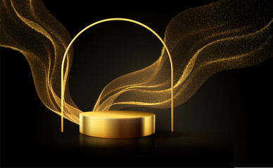 Minimal black scene with golden lines. Cylindrical gold and black podium on a black background. 3D stage for displaying a cosmetic product
