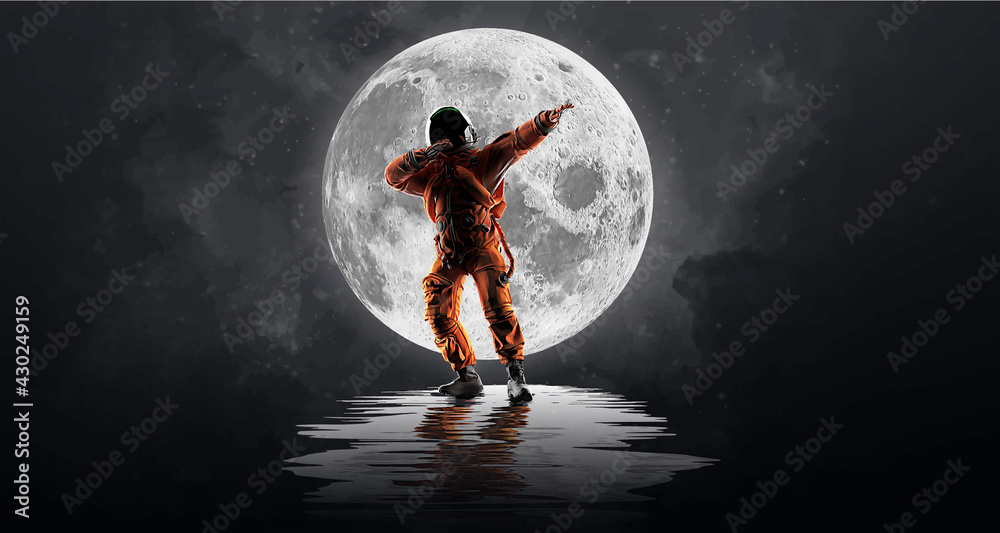 Dancing astronaut on the background of the moon and space. Vector illustration - obrazy, fototapety, plakaty 