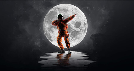 Wall Mural - dancing astronaut on the background of the moon and space. vector illustration