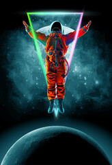 dancing astronaut on the background of the moon and space. vector illustration
