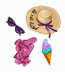 watercolor illustration of a beautiful beach set of summer accessories hand-drawn in beautiful colors on watercolor paper