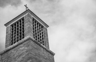 Church tower in very small town black and white